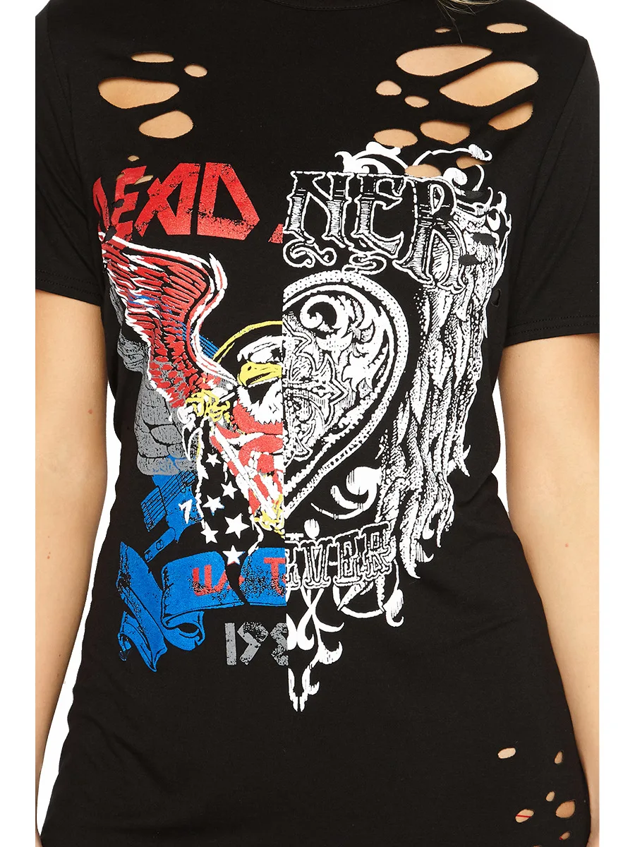 Weania Punk Style Rock T Shirt Women 2018 Summer Short Sleeve T-shirt Female Graphic Print Hole Tshirt Tops Women Shirt Femme