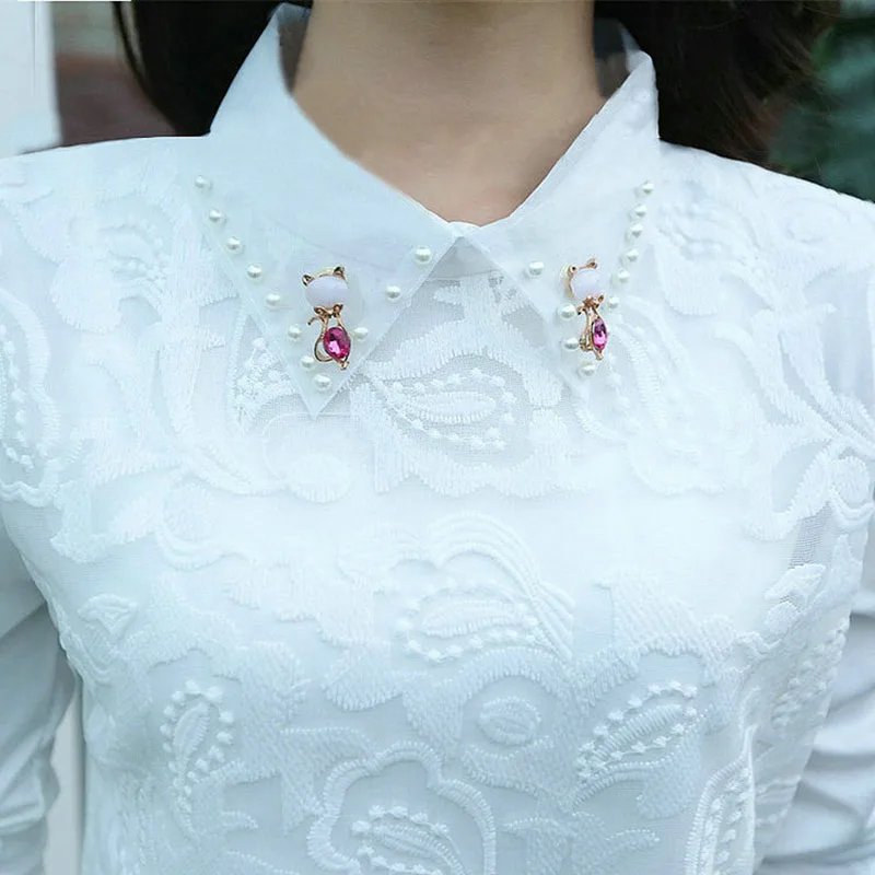 Women Spring Autumn Style Lace Blouses Shirts Lady Peter Pan Collar Long Sleeve Beading Casual Blusas Top DF1758