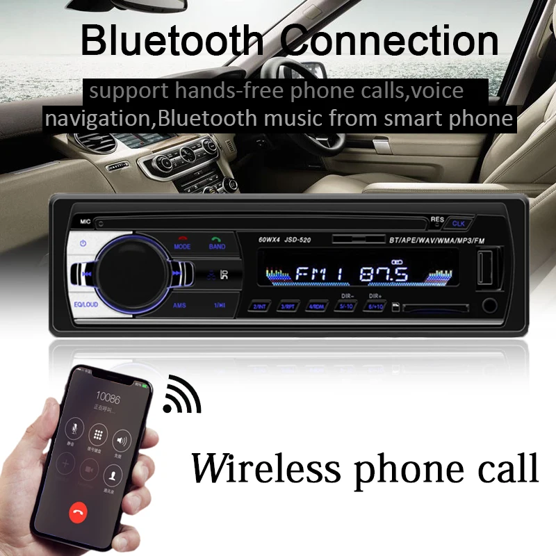 Car Bluetooth Autoradio Stereo Radio FM Aux Input Receiver SD USB JSD-520 12V PS 