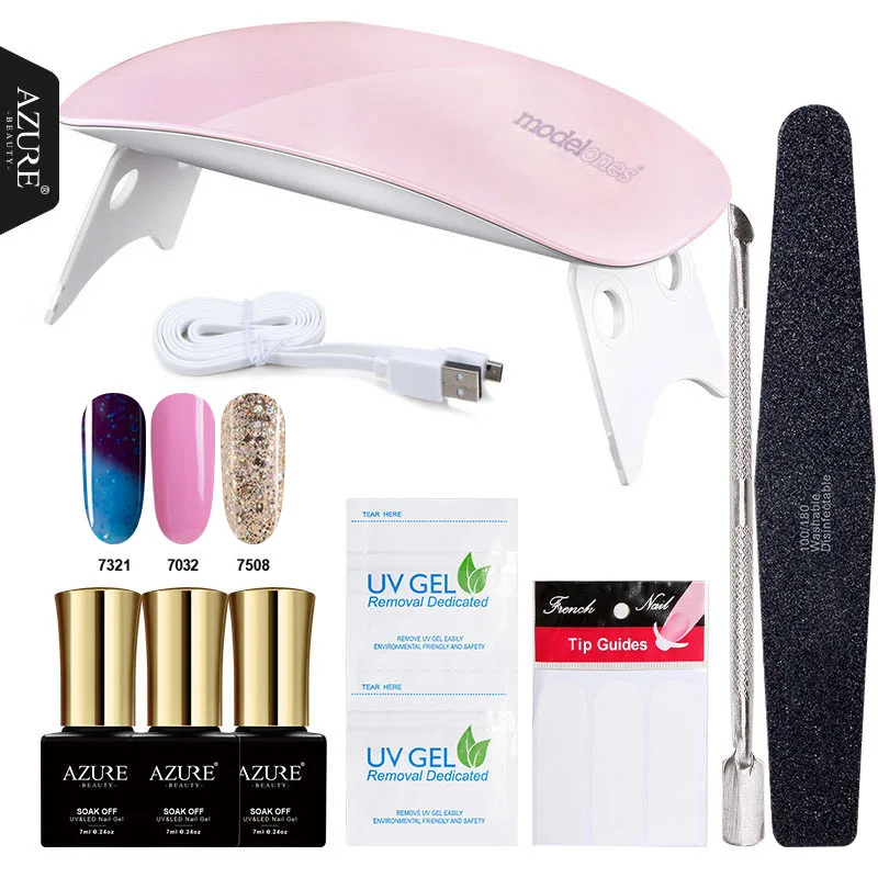 Azure Beauty 8pcs/set SUN mini 6W Nail Dryer Lamp For Nails With 3 Colors Gels & Manicure Gel