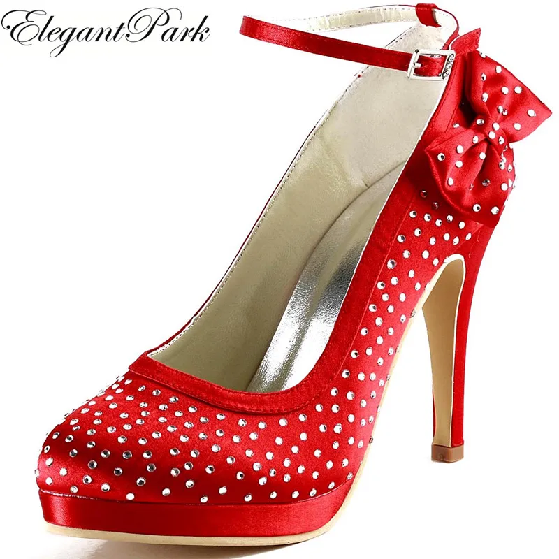 Women Red High Heel Shoes Ankle Strap Platform Pumps Rhinestones Satin