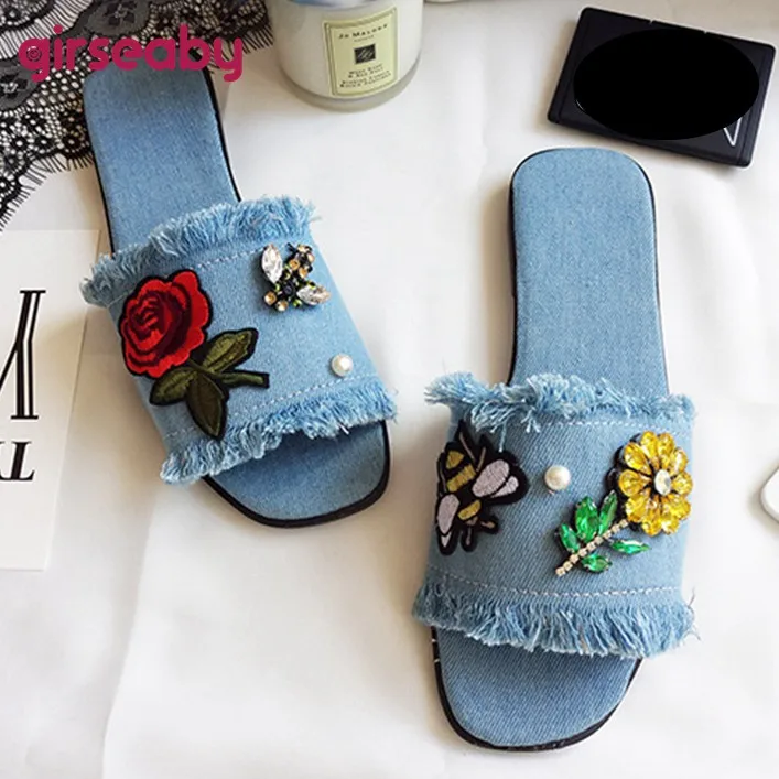 

Girseaby desinged Denim embroider flower Women beach flat Slippers Summer Flip Flops Girls student broken jeans shoes