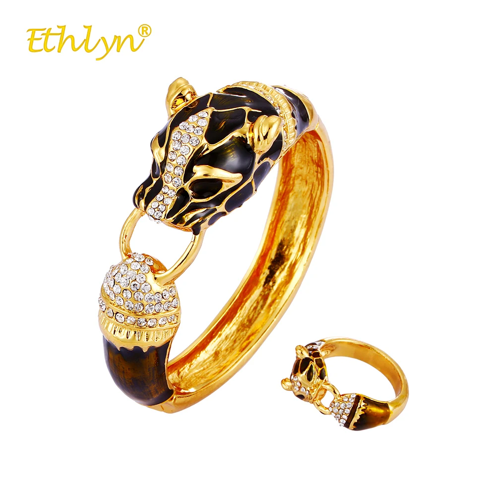 

Ethlyn Bracelets For Women Crystal Jewellery Sets Yellow Gold Color Patchwork Black Leopard Female Rings& Bracelets Jewelry Set
