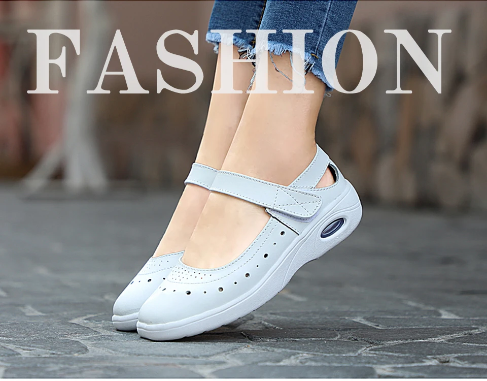 2019 Summer Genuine Leather Women Flats Shoes Non-slip Woman Ballet Flats Nurse White Ladies Shoes (1)