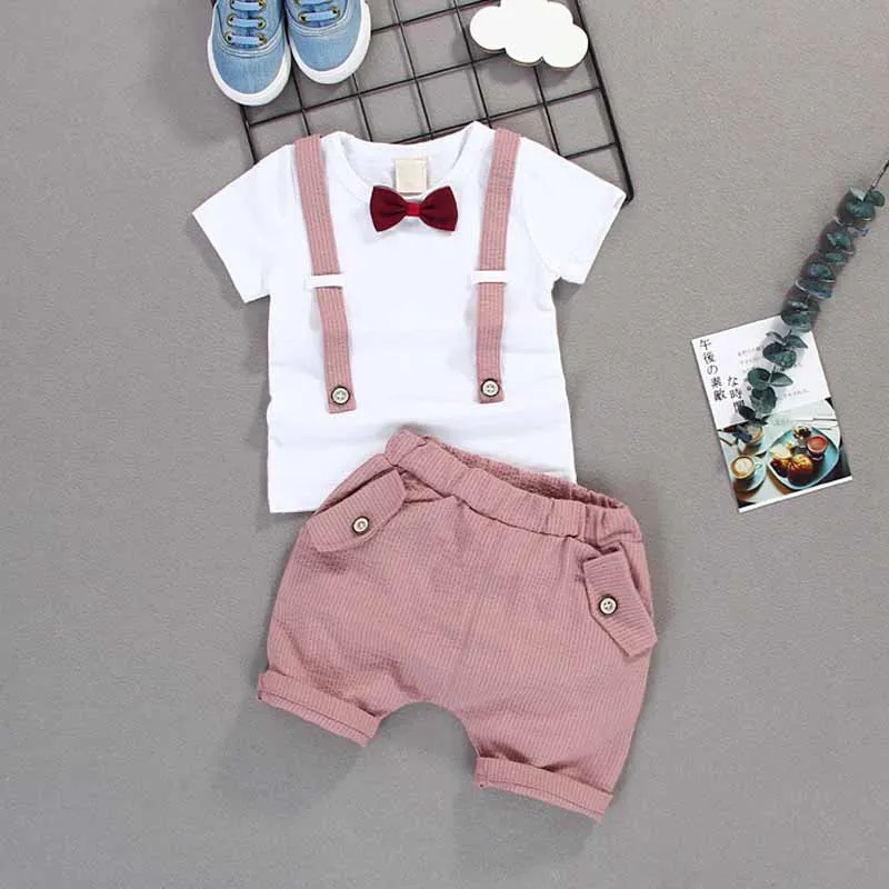 Летняя детская хлопковая одежда для маленьких мальчиков наряды для младенцев Детские джентльмен галстук-бабочка футболка 2 шт./компл. модная одежда для малышей - Цвет: As picture
