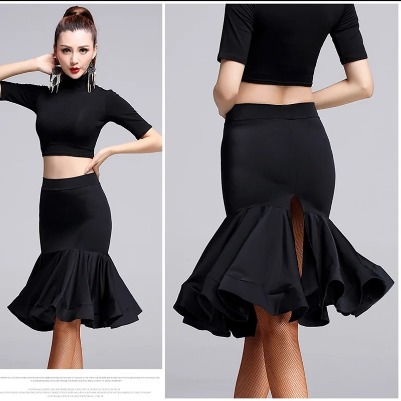 Сексуальная Женская юбка для латинских танцев для взрослых бальное Сальса Танго Румба ча русалка юбка высококачественная черная одежда для латинского танца женщина