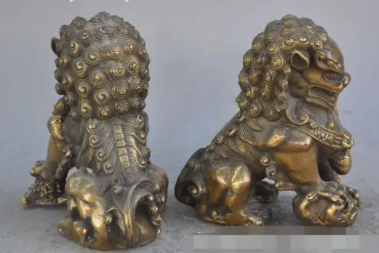 

S0923 6"Chinese FengShui Bronze evil Door Guardian Fu Foo Dogs Lion ball statue Pair
