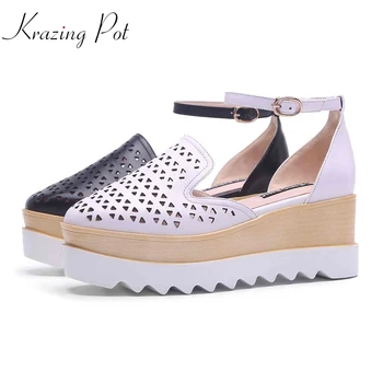 

Krazing Pot hot gorgeous cow leather hollow shoes women square toe platform buckle straps wedges increased European shoes L51