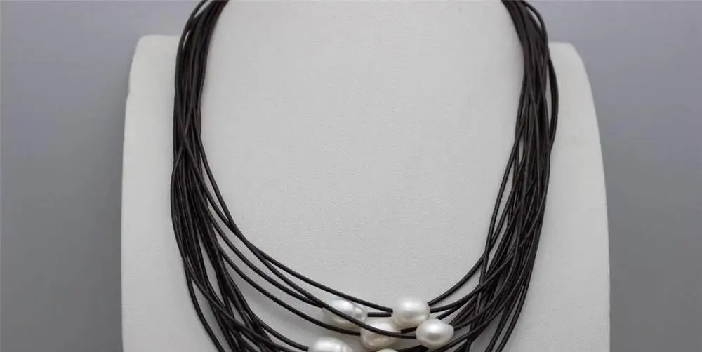 

White freshwater pearl 15strand dark brown leather necklace 19-23"handmade"alloy a(5.18)