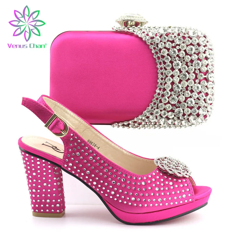 

Fuchsia Color Italian Shoes With Matching Bag For Party With Stones Wedding Shoes And Purse Set High Quality Women Sandals
