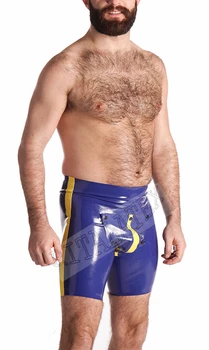 

Latex Rubber Track Shorts With Cod Piece Latex Men's Wear 0.4MM Skin Tight Hot Pants with side stripes