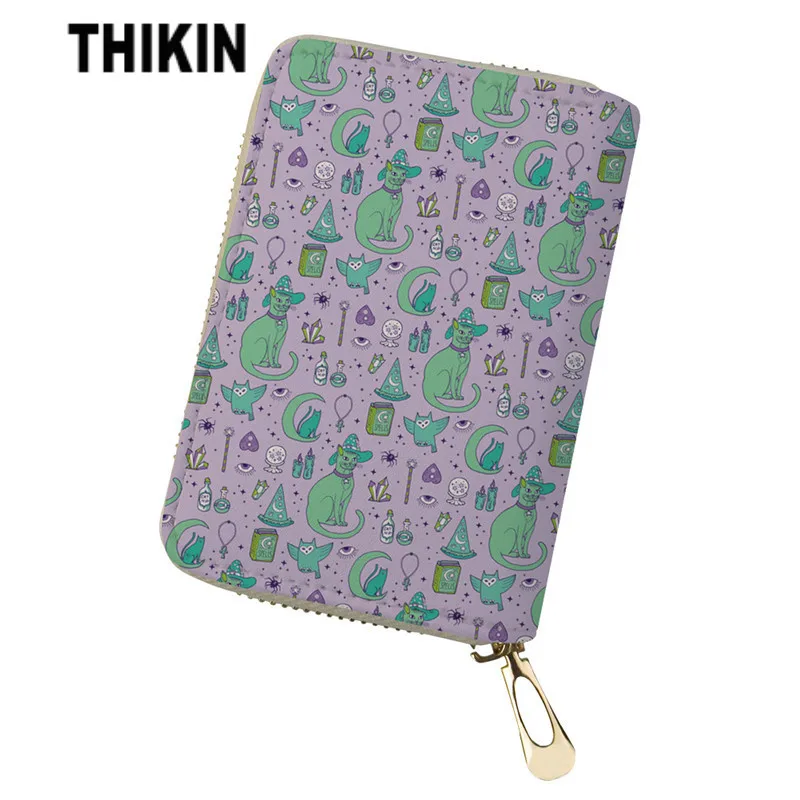 

THIKIN Mystical Cats Pattern Women's Purse Cash Coin Bag ID Card Holder Passport Cover Travel Wallet for Credit Cards Leather