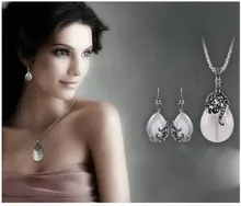 JEXXI New Retro Silver Fashion Opal Water Drop Flower Pendants Long Necklaces And Drop Earrings Jewelry Sets Corn Chains 30″
