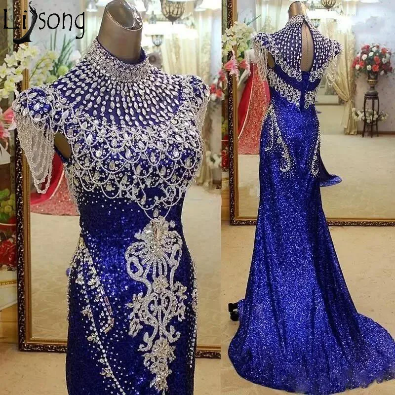 Королевское синее вечернее платье русалки с высоким воротом, блестящее платье для выпускного вечера с блестками и кристаллами, красное ковровое вечернее платье знаменитостей, праздничная одежда