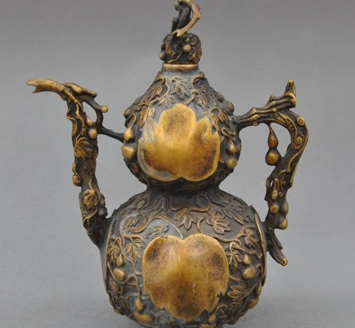 

8" Old Chinese bronze Copper Gourd Calabash Cucurbit Statue Bottle Jar Pot Vase