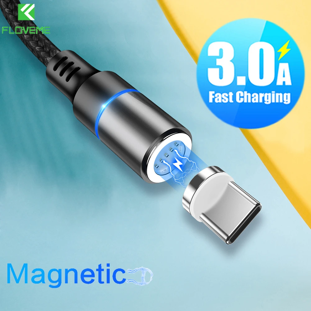 Floveme нейлоновый Плетеный 3A Быстрая Зарядка синхронизация USB-C type-C сильный Магнитный зарядный кабель для передачи данных мягкий для samsung huawei Xiaomi светодиодный 1 м