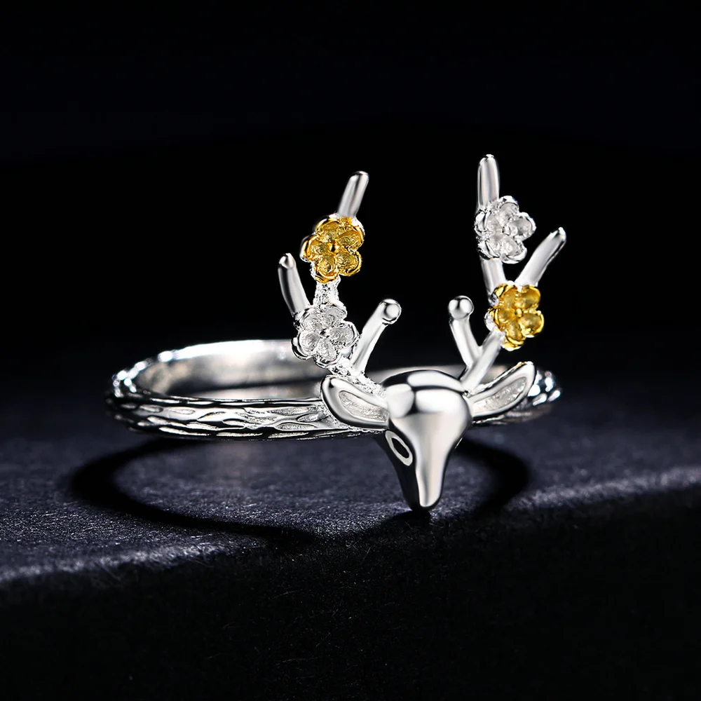 Double Fair Exquisite Plum antlers 100% 925 Sterling Silver Rings Adjustable Gold & Silver Two Colors Ring For Women DFRY064