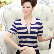 Женщины среднего возраста летние трикотажные изделия мода мать носить короткий рукав Футболка Топ с отворотом 40-50 лет