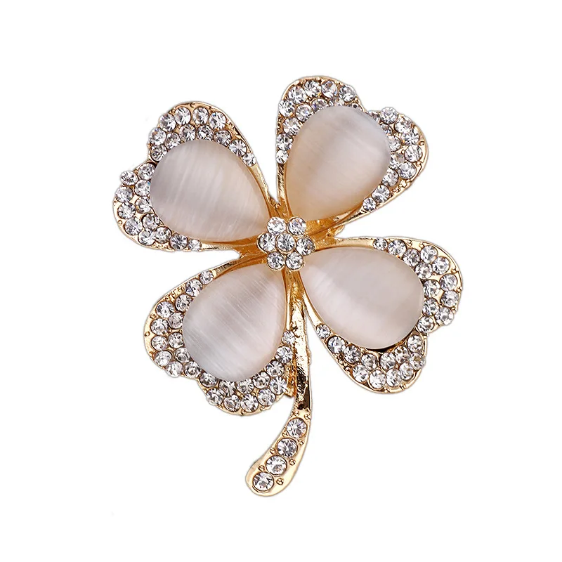 

OneckOha Fashion Rhinestone Four Leaf Clovers Brooches Opal Stone Flower Pin Women's Jewelry Brooch