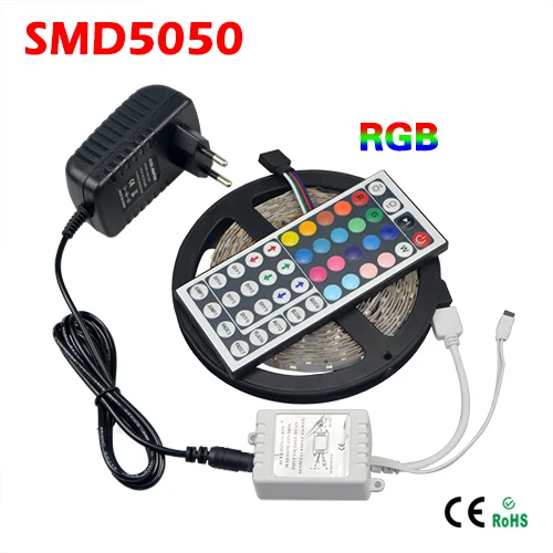 

5M / Roll RGB 5050 SMD LED Strip light 300 LEDs 12V 3A Power Supply Adapter EU/USA Plug Transformer 44Keys IR Remote Controller