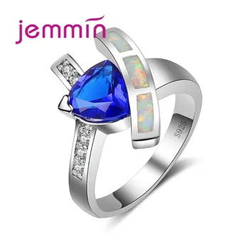 

New Creation Unique Geometric 925 Sterling Silver Ring Ocean Blue CZ Crystal White Rainbow Opal Ring for Women Fashion Jewelry