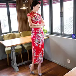 Китайский для женщин традиционный cheongsam Банкетный Свадебный красный элегантный шелк Улучшенная длинные пикантный китайский женский халат