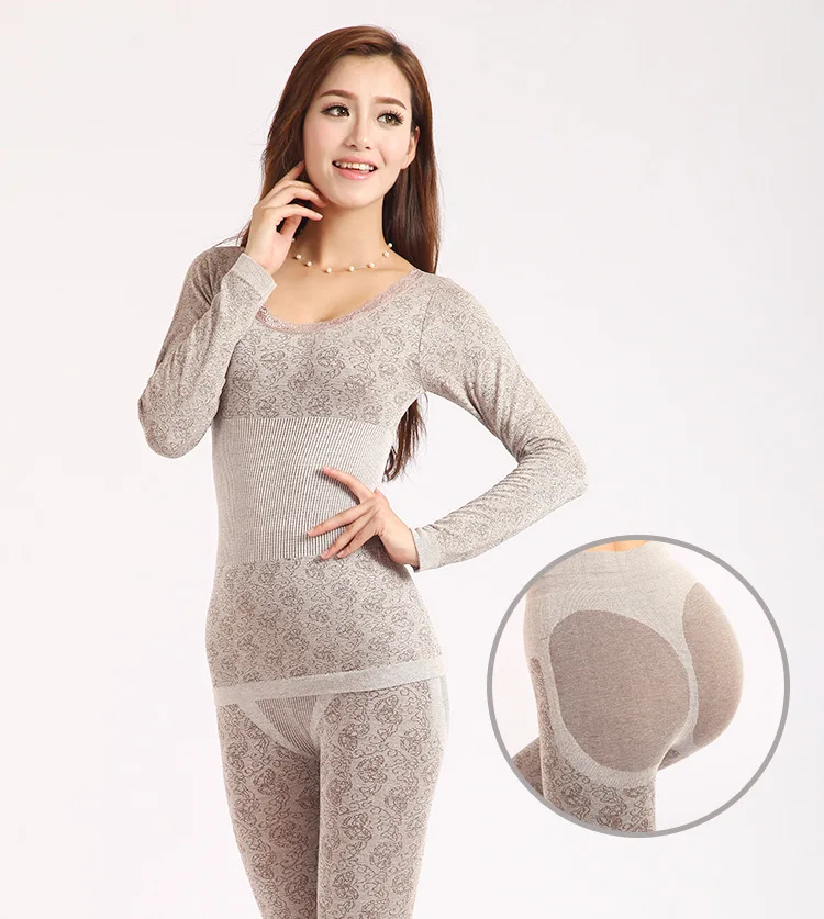 Elegant Butterfly Pattern Lace Modal Thermal Underwear For Women Basic Thin Slim Winter Long Johns Female Second Skin Nightgown