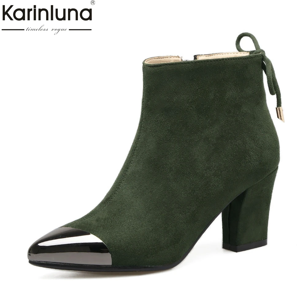 

KarinLuna new plus size 33-40 Bling Elegant Shoes Woman Boots Female Pointed Toe Zip Up Chunky Heels Ankle Boots Woman Shoes