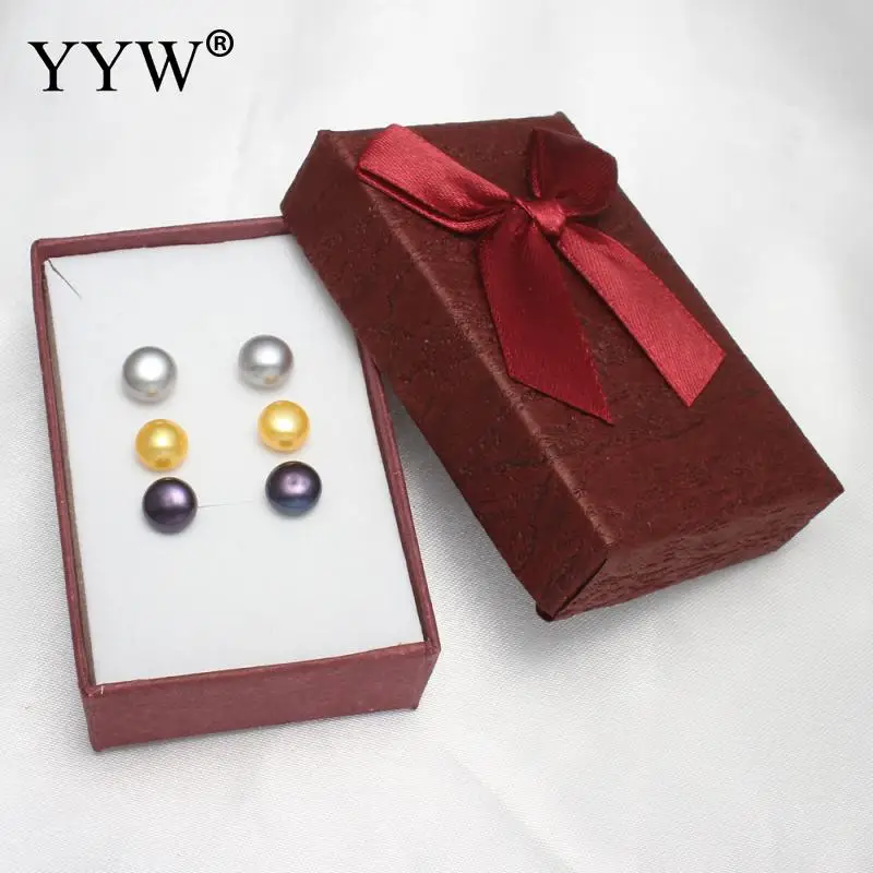 

YYW Women's 3Pairs/Box Set Natural Freshwater Pearl Stud Earrings with Paper Box 8-9mm Mixed Yellow Grey Black Pearl Earrings