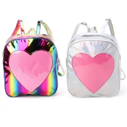 Новинка PU кожа Для женщин голографическая рюкзак школьный Радуга сумка с прозрачной сердце