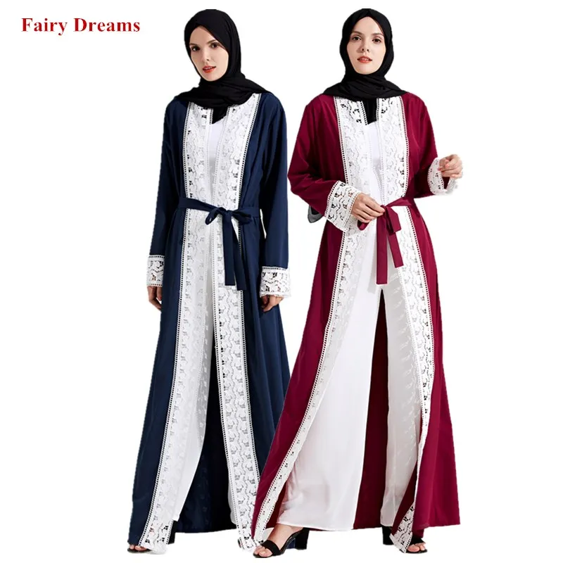

Women Abayas Dubai Blue Red Bolero Muslim Caftan Lace Patchwork Robe Tunic Kimono Cardigan Arab Kaftan Islamic Clothing 2019