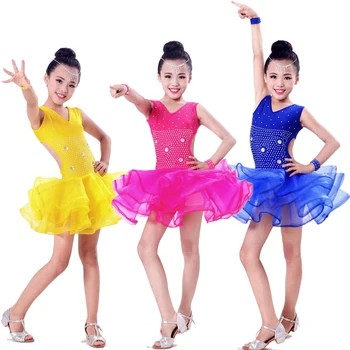 

110-160 cm yellow pink blue girl kid children's clothing Latin Latin dance dresscostumes dance competition skirt costumes