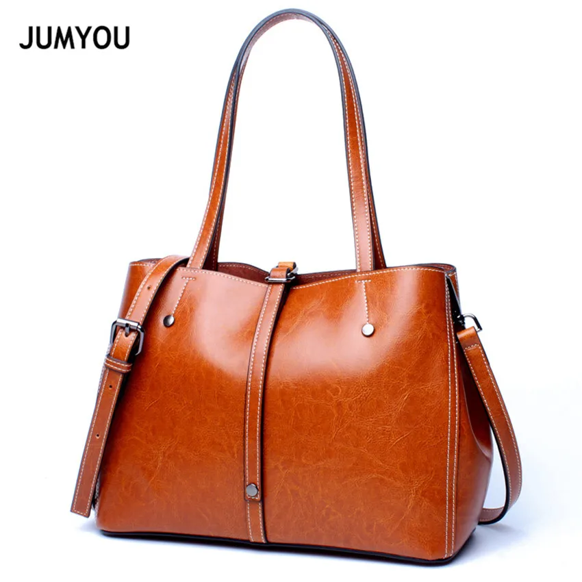 

Split Leather Tote Bags For Women Handbags For Female Totes Bags Brown Belt Rivets Fashion Simple Vintage Tote Bags For Ladies