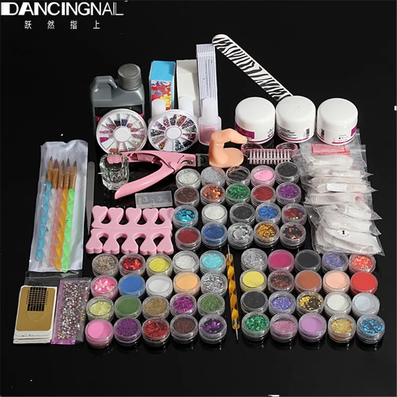 

Nail Art Set Acrylic Powder Liquid Glitter Glue Toes separator Brush Tweezer Primer Tips Decorations Manicure DIY Tools Kit