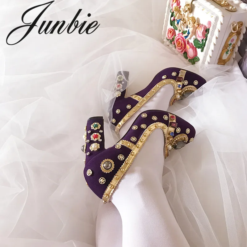 

JUNBIE New Genuine Leather Jewel Diamond Gladiator Slip On Women Pumps Sexy Pointed Toe Slip On Chunky Heel Pumps Shoes Women