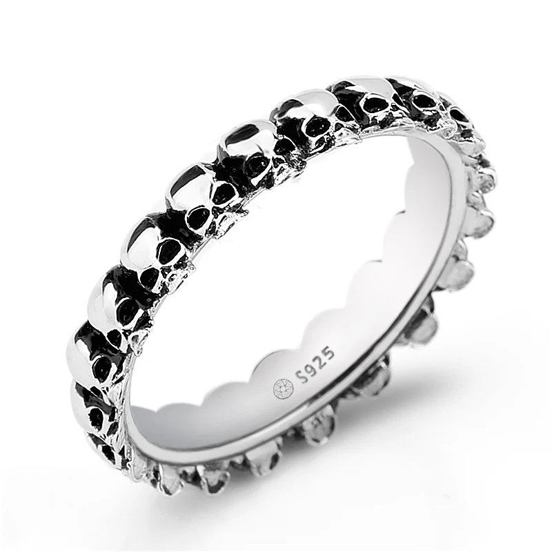 925 Sterling Silver Skull Men Ring Gothic Stackable Skeleton Punk Rock Style Finger Biker Rings for Men Fashion Jewelry