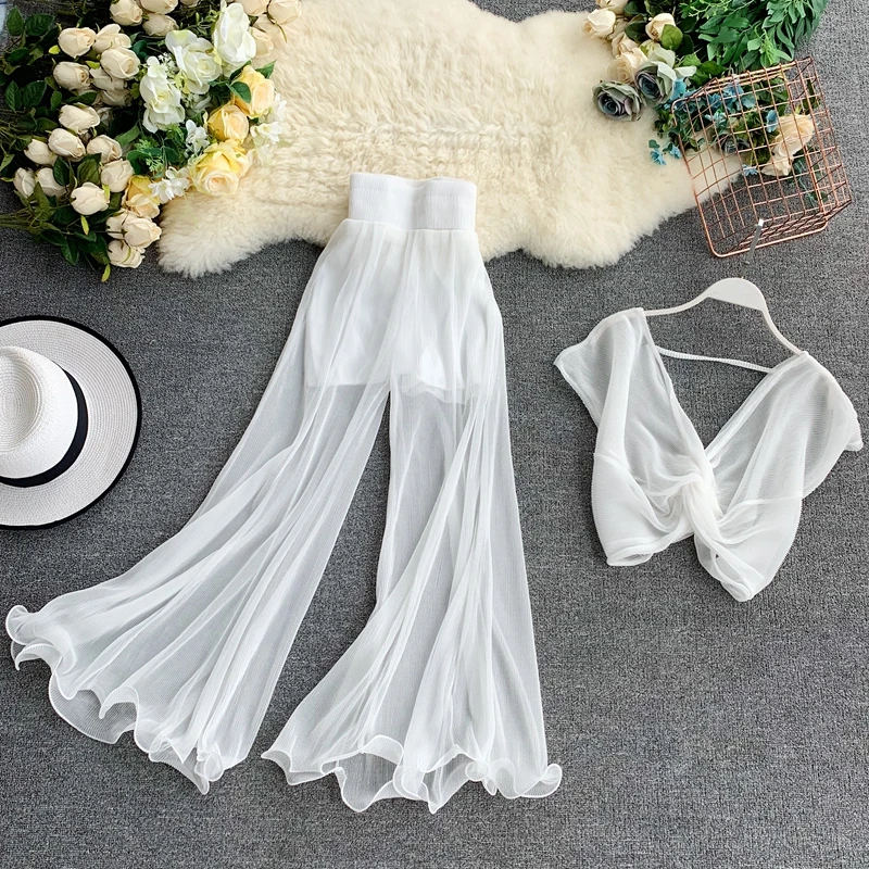  Women Fashion Clothing Set Short Sexy V-neck Top and Pleated Bell Pants Twinset