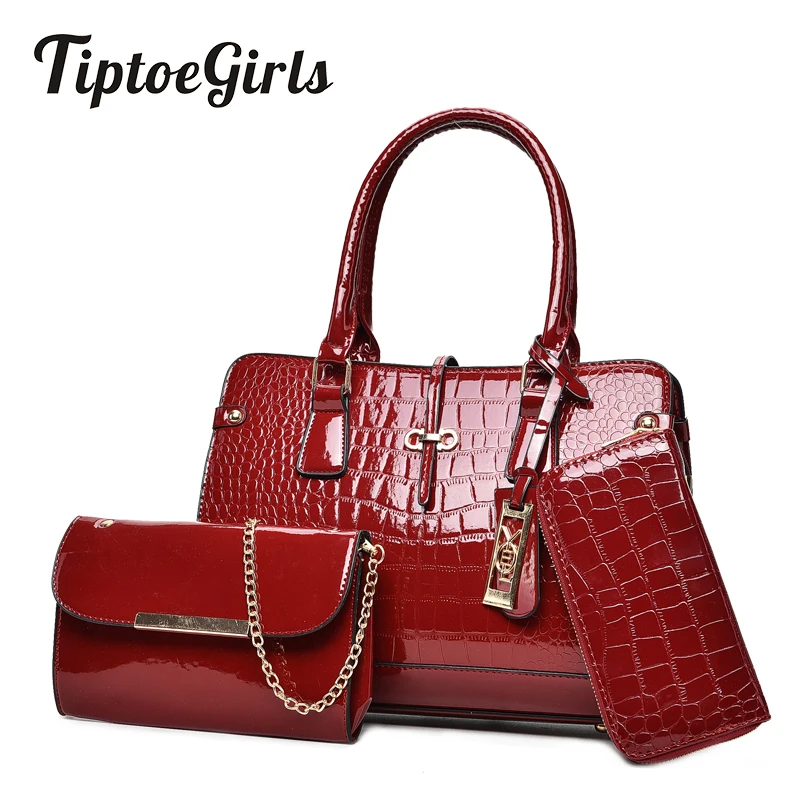 

New Crocodile Patent Leather Portable Messenger Bag Handbag Leisure Wild Three-Piece Fashion Shoulder Bag