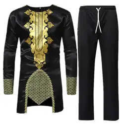 Мужской комплект, традиционная африканская одежда, хлопок, модный Дашики Базен Риш, топ с принтом, рубашка, брюки, мужской костюм, костюмы