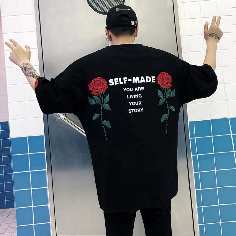 Rose Embroidery T shirt Mens T shirt Short Sleeve 2018 Summer Hi street
