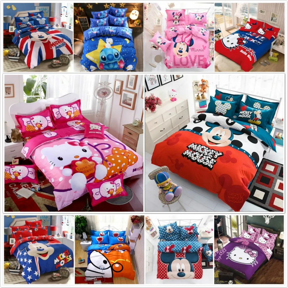 

New Cartoon cut Mouse Hello Kitty cat 4/3pc British Duvet Cover Sets Soft Polyester Bed Linen Flat Bed Sheet Set Pillowcase