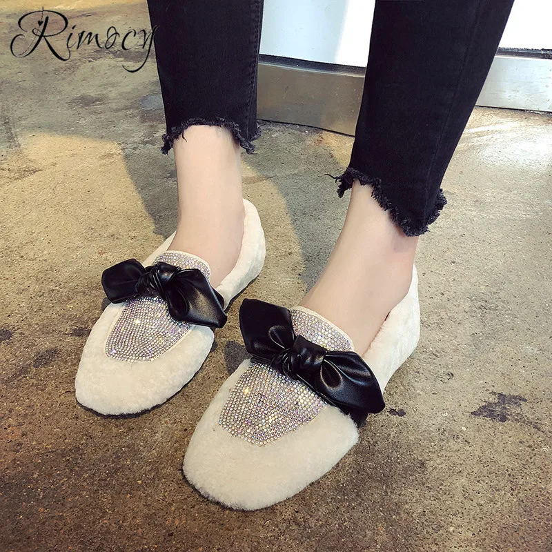 

Rimocy luxury crystal flats 2019 spring new fashion faux fur ballet flats femme elegant bowtie casual shoes woman slip on shoes