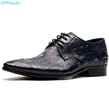 

QYFCIOUFU Luxury Italian Genuine Cow Leather Men Blue Black Wedding Oxford Shoes Lace-Up Crocodile Pattern Men's Dress Shoe