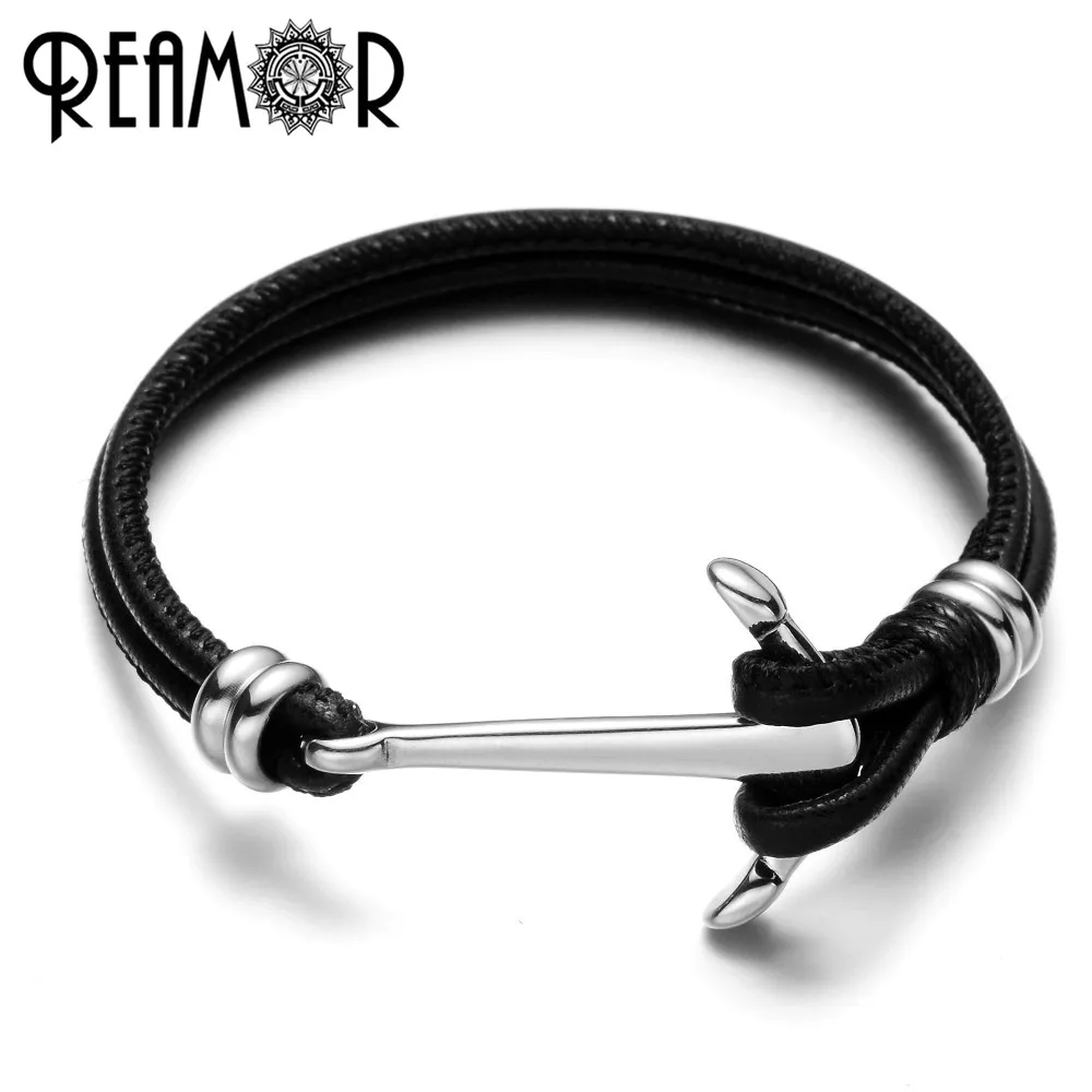 REAMOR 316L из нержавеющей стали простой серебряный цвет якорь кожаный браслет
