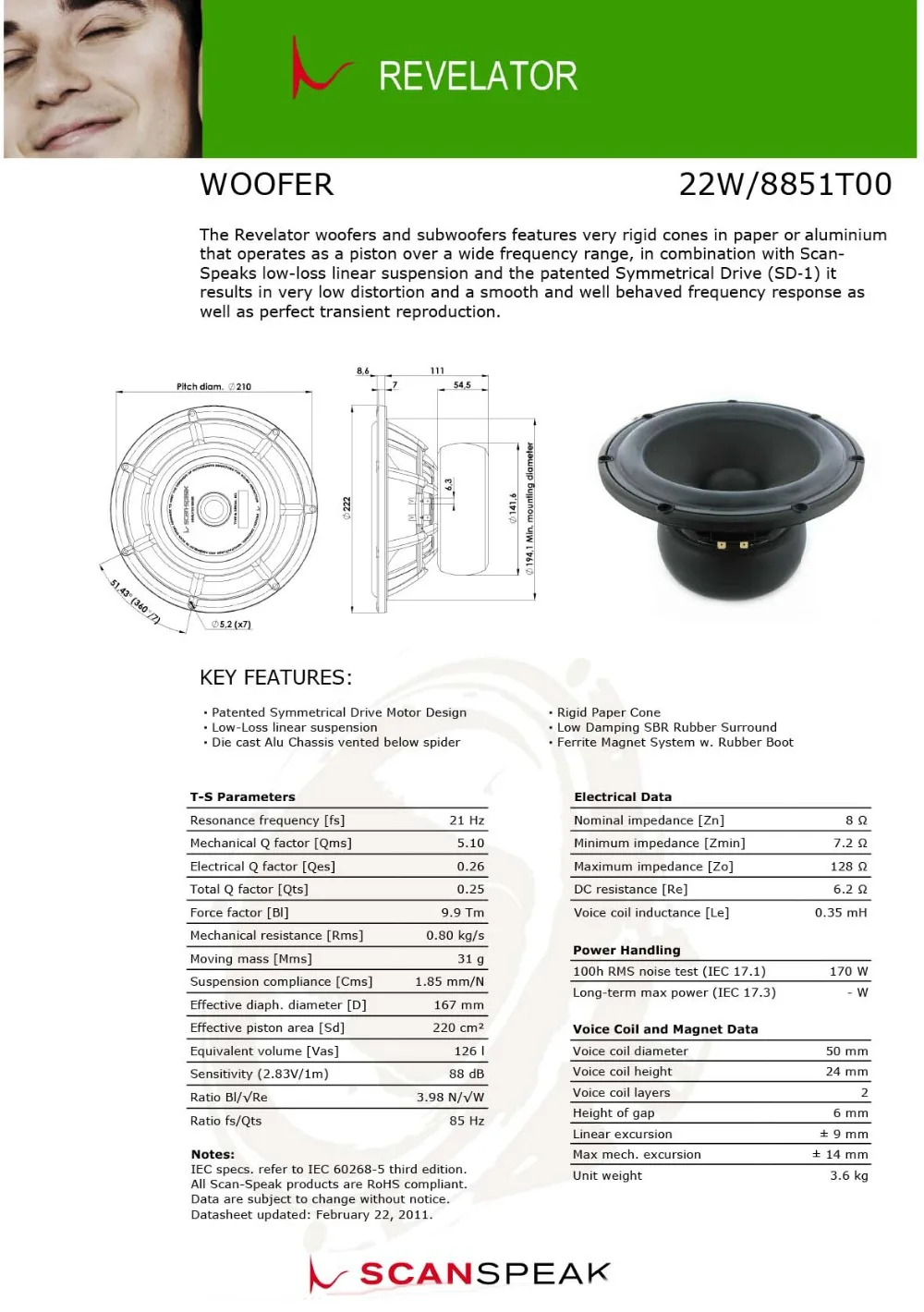 Scan-Speak 22W8851T00-8-дюймовый НЧ-динамик unit/88dB 8Ω