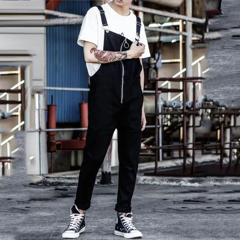 

2019 New Men's one-piece Suspenders Korean version of Slim Personality Casual feet pants Men's Tooling Bib Size S-XXL XXXL