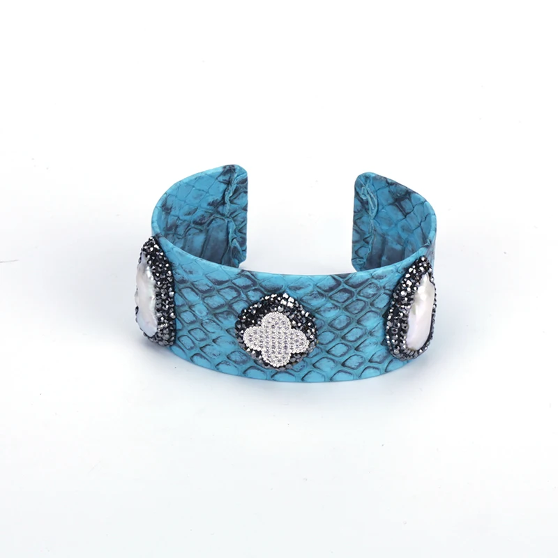 New Fashion Jewelry Natural Pearl Bangle Snakeskin Leather Pave