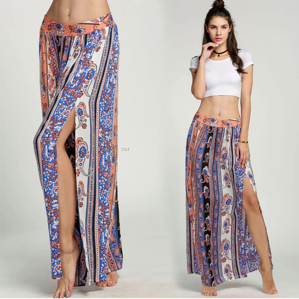 Long Umbrella Skirt Summer Women Print Side Slit Casual Beach Maxi Long