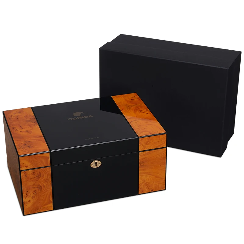 

COHIBA Big Capacity Cedar Wood Cigar Humidor With Hygrometer Humidifier Black Cigar Box W/Lock Humidor Fit 150 Cuba Cigars