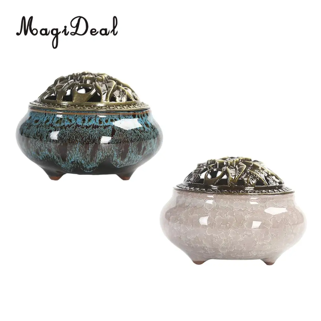 2x Ceramic Incense Burner Porcelain Incense Cones Joss Stick Holder Chinese Retro Handmade Censer with Flower Statue Alloy Cover